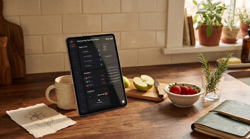 A NestBoard household with calendar, sticky note, and a phone laid out on a kitchen counter.